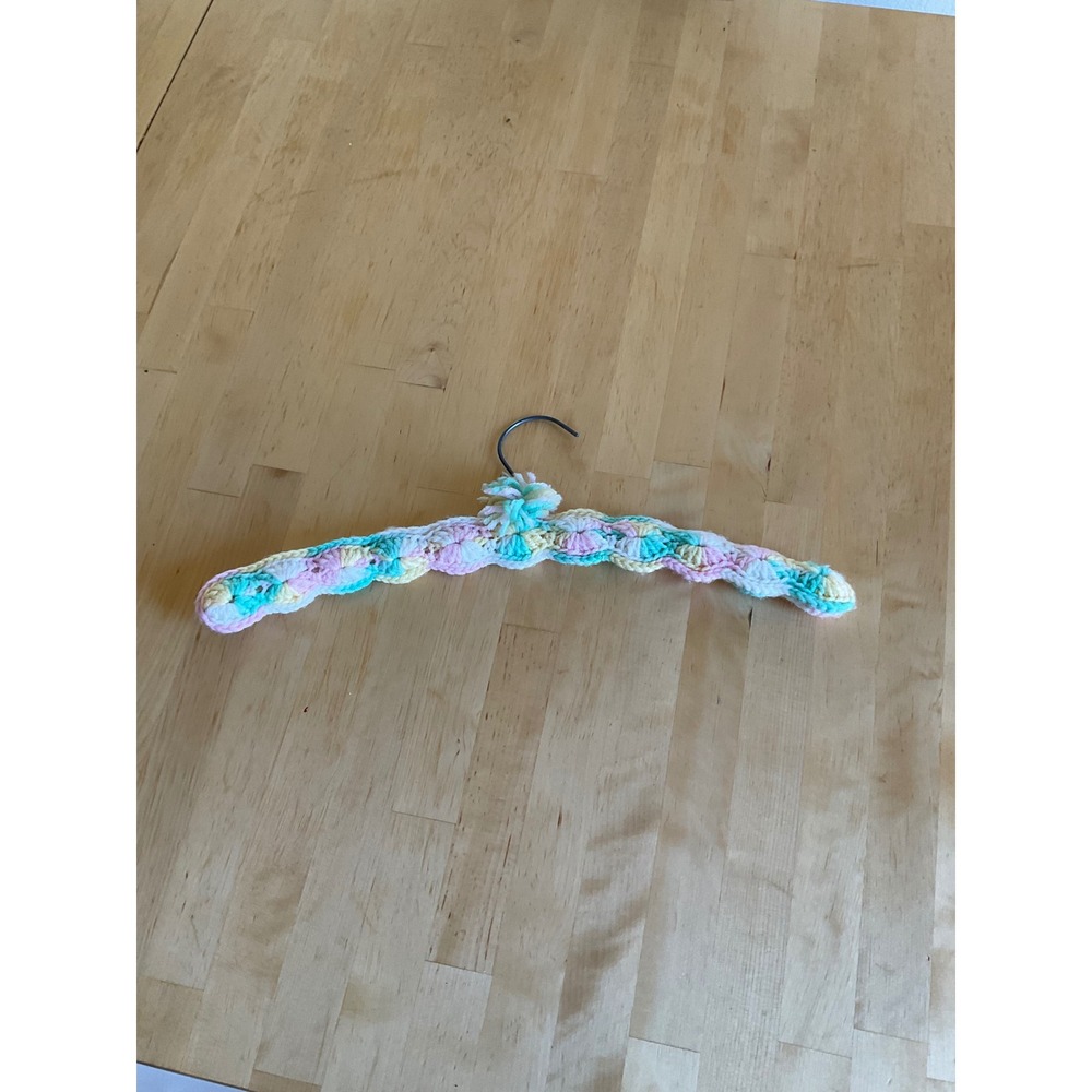 Handmade Crochet Padded Hanger Pastel Multi Color Shell Stitch Pom Pom Vintage
